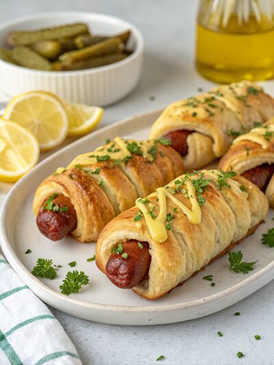 Hot dogs wrapped in puff pastry with mustard drizzle and herbs on a plate.