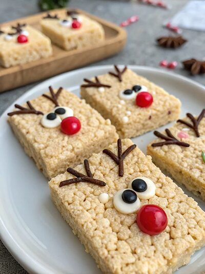 Reindeer Rice Krispies treats decorated with candy eyes, pretzel antlers, and red candy noses.