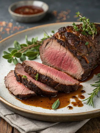 Sliced roasted beef with a pink center, served with pan juices and fresh herbs.