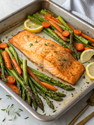 Sheet pan salmon fillet with roasted asparagus and carrots, garnished with lemon slices.
