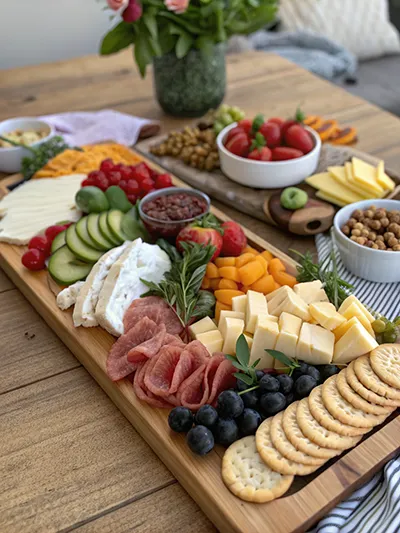 Festive Christmas snack board with charcuterie, cheese, crackers, nuts, veggie dip and mini turkey sliders