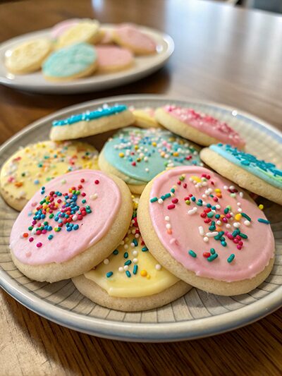 Frosted sugar cookies with colorful icing and sprinkles on a plate.