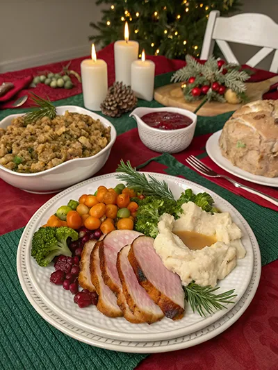 Christmas Eve dinner with herb roasted chicken, mashed potatoes, glazed carrots, green beans and gravy