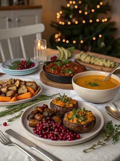 Vegan Christmas dinner plate with mushroom lentil loaf, roasted vegetables, vegan mash and gravy