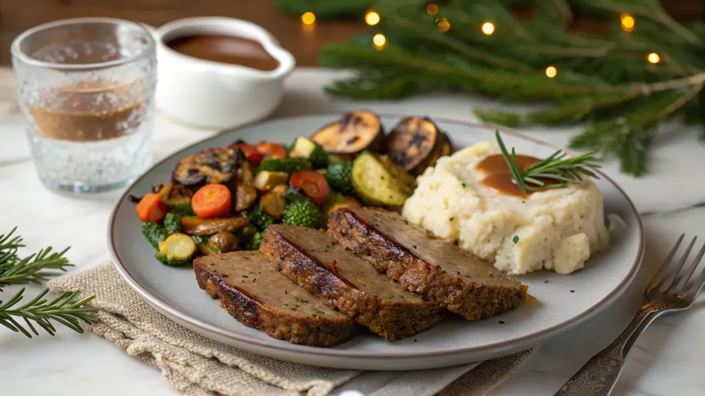 Vegan Christmas recipes dinner plate with mushroom lentil loaf, roasted vegetables, vegan mash and gravy