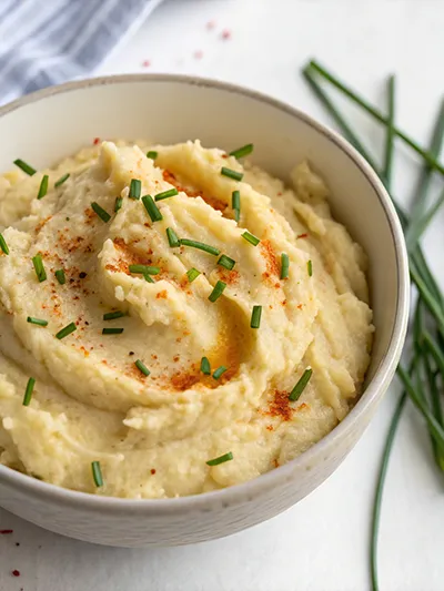 Creamy vegan mashed potatoes topped with chives and a sprinkle of paprika in a bowl.