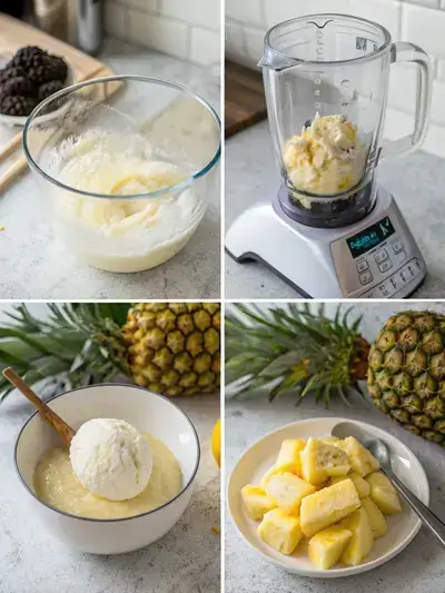 Step-by-step process of making Boozy Dole Whip, showcasing ingredients, blending, chilling, and serving.