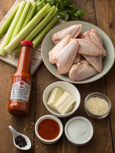 Ingredients for Buffalo Chicken arranged on a kitchen table.