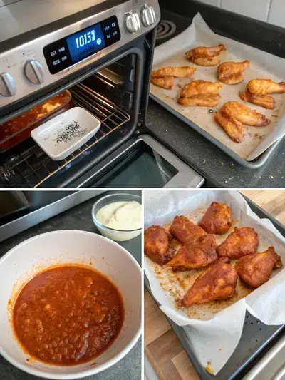 Step-by-step preparation of Buffalo Chicken wings, including preheating the oven, seasoning the wings, making the sauce, and arranging the wings for baking.