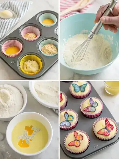 Step-by-step process of making butterfly cupcakes, including preheating the oven, mixing ingredients, and decorating with butterfly wings.
