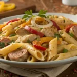 A delicious serving of Cajun Chicken and Sausage Pasta with colorful vegetables and creamy sauce.