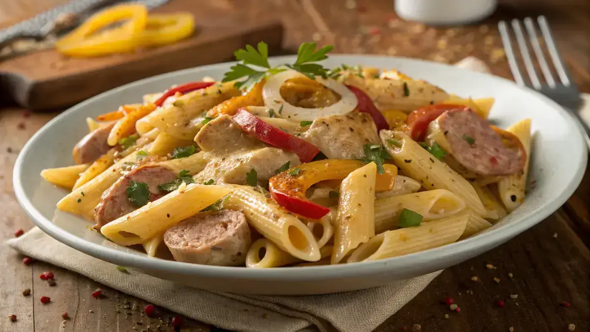 A delicious serving of Cajun Chicken and Sausage Pasta with colorful vegetables and creamy sauce.
