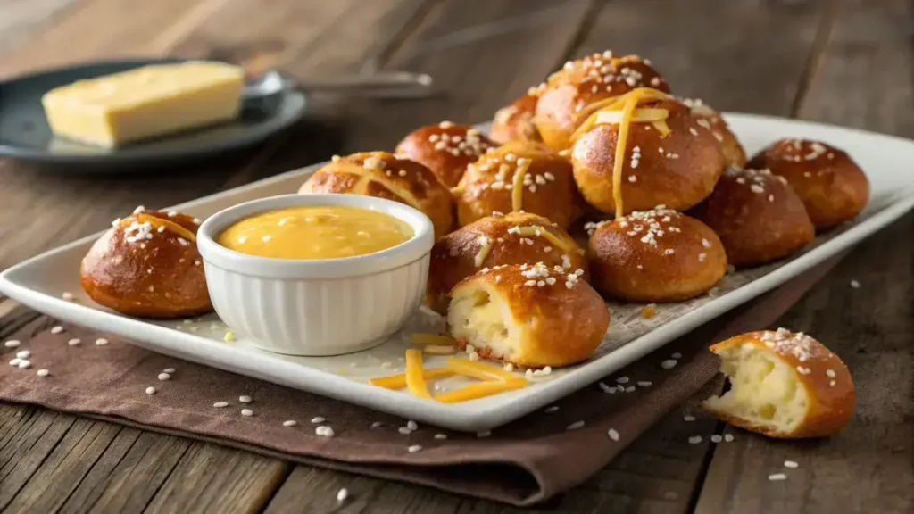 Delicious pretzel bites with cheese on a rustic wooden table, garnished with coarse salt.
