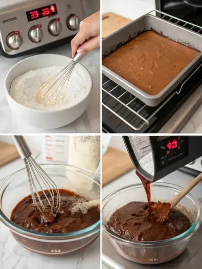 Four-panel illustration of Chocolate Depression Cake steps: preheating an oven to 350°F, mixing dry ingredients in a bowl, filling a greased pan with batter, and spooning boiling water over the top.