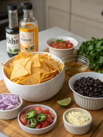 Ingredients for air fryer nachos including tortilla chips, cheese, and fresh toppings.
