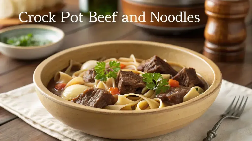 A hearty serving of Crock Pot Beef and Noodles with fresh parsley garnish.