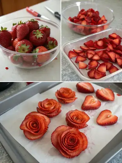 Step-by-step process of making strawberry roses, including washing, slicing, and rolling strawberries into rose shapes.