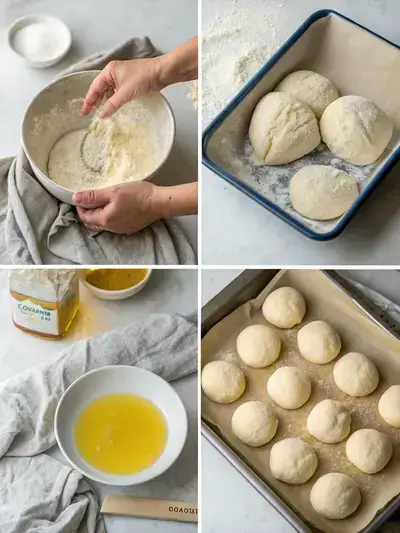 Illustration of the complete process for making Sub rolls, from yeast activation and dough mixing to kneading, proofing, shaping, baking, and cooling.