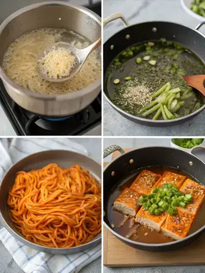 A four-panel illustration detailing the creation of kimchi noodles: boiling noodles, sizzling garlic and green onions in sesame oil, adding kimchi, and presenting the finished kimchi noodles garnished with scallions and sesame seeds