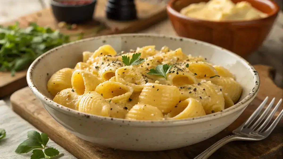 A bowl of creamy shells and cheese garnished with black pepper and herbs.