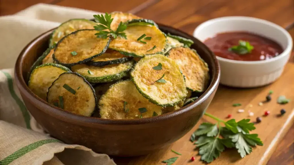A bowl of golden brown air fryer zucchini chips garnished with herbs and a dipping sauce.