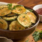 A bowl of golden brown air fryer zucchini chips garnished with herbs and a dipping sauce.