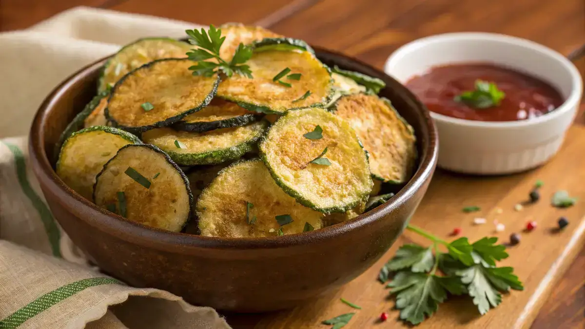 A bowl of golden brown air fryer zucchini chips garnished with herbs and a dipping sauce.