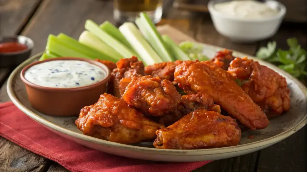 A close-up of crispy buffalo chicken wings coated in spicy sauce, served with celery sticks and blue cheese dressing.