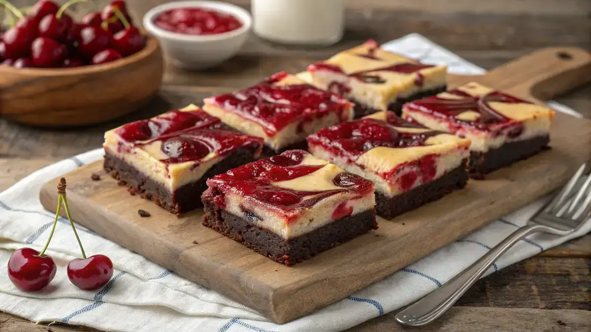 A close-up view of Cherry Cheesecake Brownies on a wooden surface, highlighting chocolate brownie layers and cherry topping.