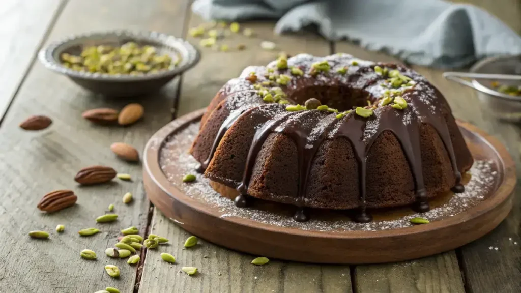 Chocolate pistachio bundt cake with powdered sugar and pistachios on a wooden table.