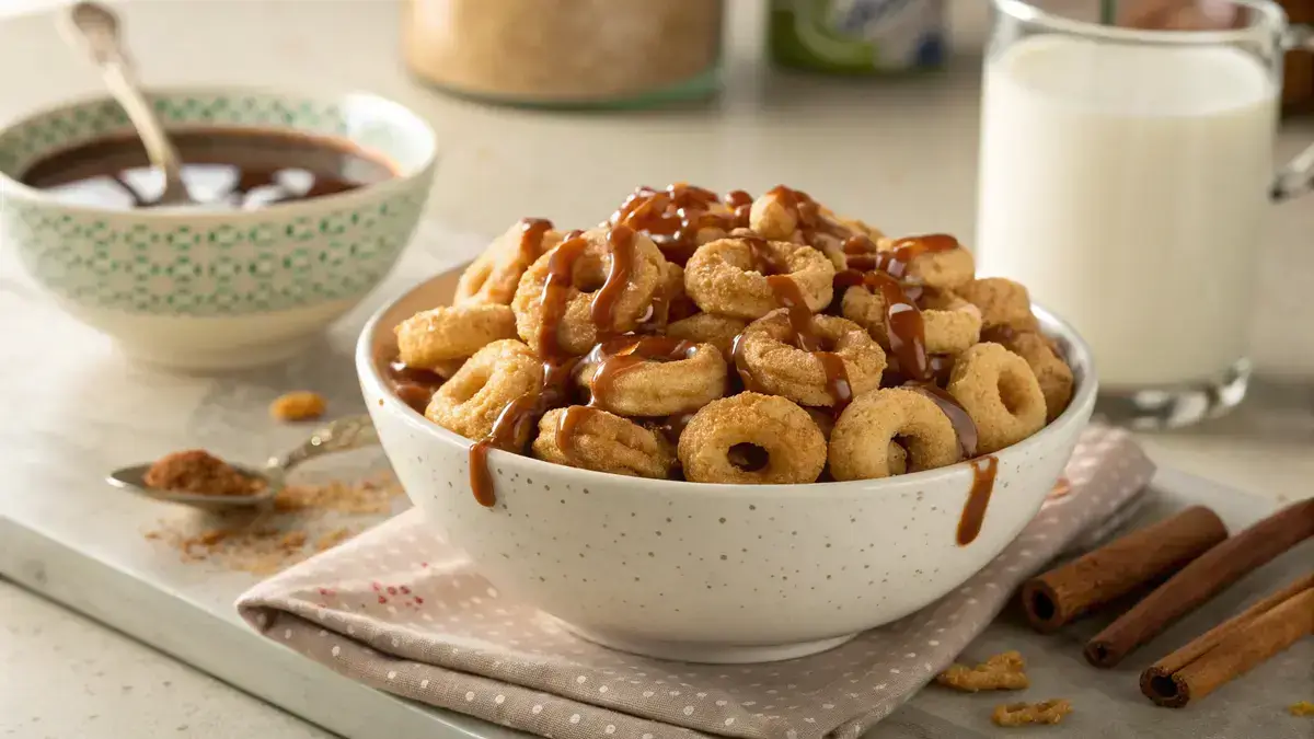 A bowl of Mini Doughnut Hot Buttered Cheerios topped with syrup and a sprinkle of cinnamon.