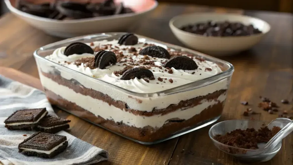 Layered Oreo Lasagna with cream cheese and chocolate pudding, finished with whipped topping and crushed Oreos.