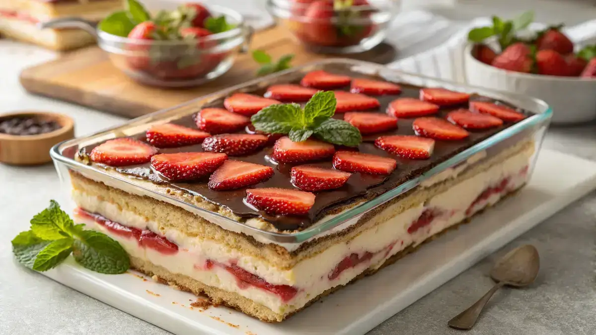 Tasty strawberry eclair cake featuring layers of graham crackers, rich pudding, and strawberry filling, finished with a chocolate glaze.