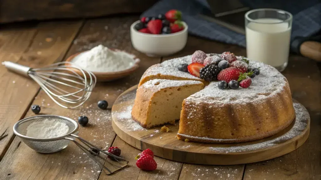 A freshly baked 4 inch cake topped with berries and powdered sugar on a wooden table.