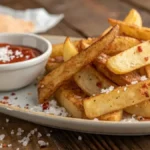 A plate of crispy air fryer chips garnished with sea salt and paprika.