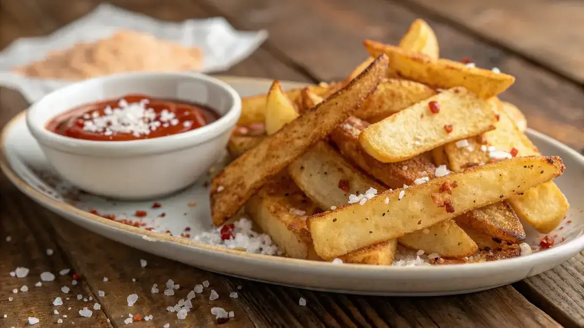 A plate of crispy air fryer chips garnished with sea salt and paprika.
