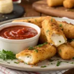 Plate of crispy Air Fryer Mozzarella Sticks with marinara sauce