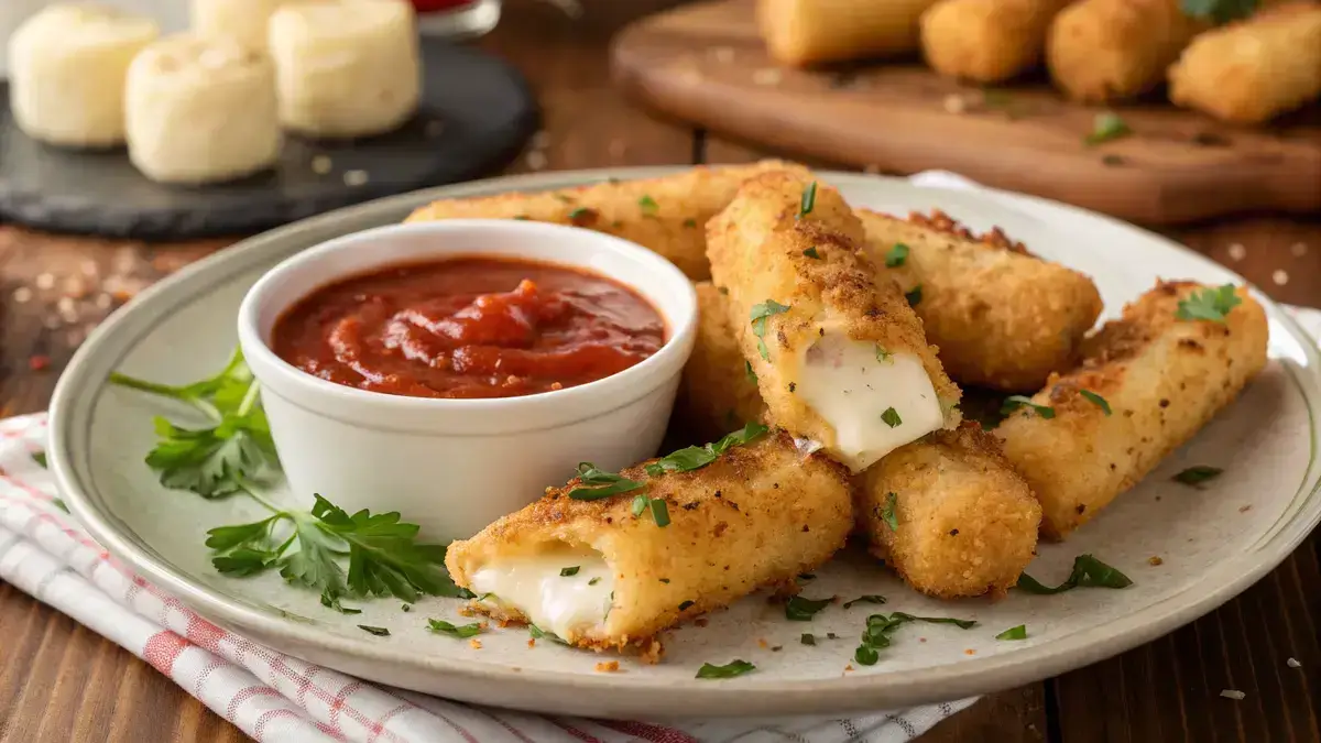 Plate of crispy Air Fryer Mozzarella Sticks with marinara sauce