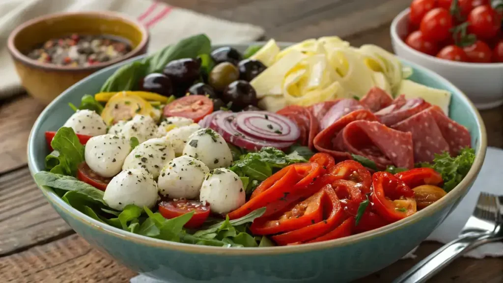 A colorful antipasto salad with fresh greens, tomatoes, salami, mozzarella, and olives in a bowl.