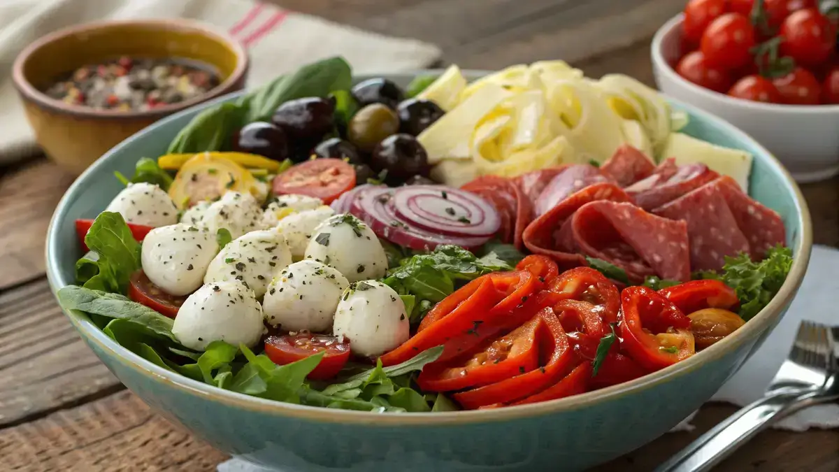 A colorful antipasto salad with fresh greens, tomatoes, salami, mozzarella, and olives in a bowl.