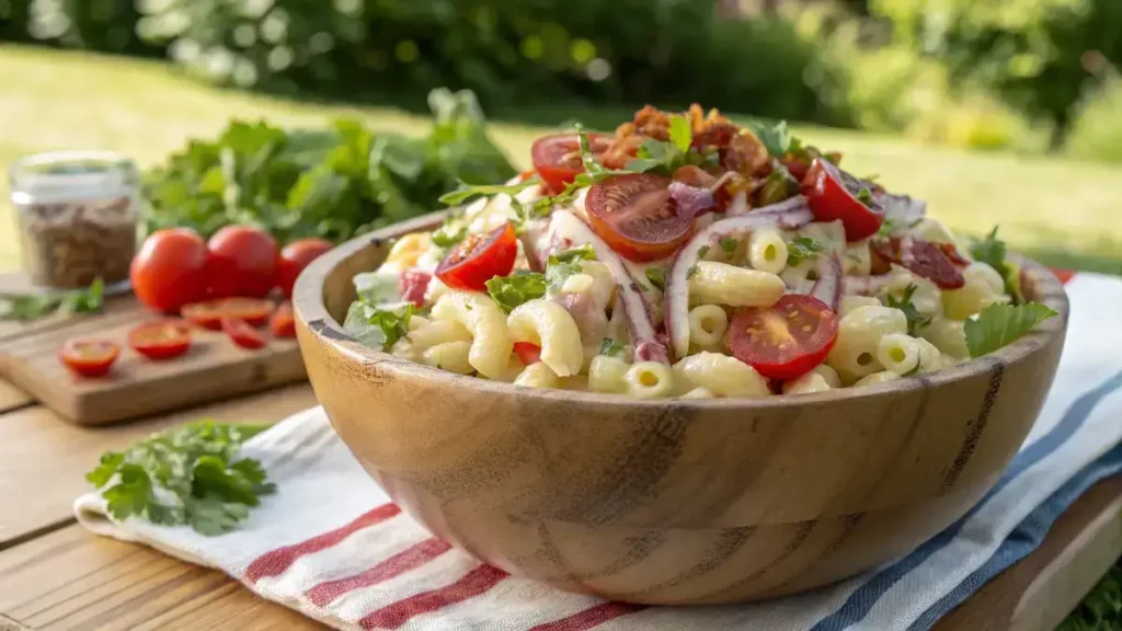 A colorful BLT macaroni salad in a wooden bowl with fresh ingredients.
