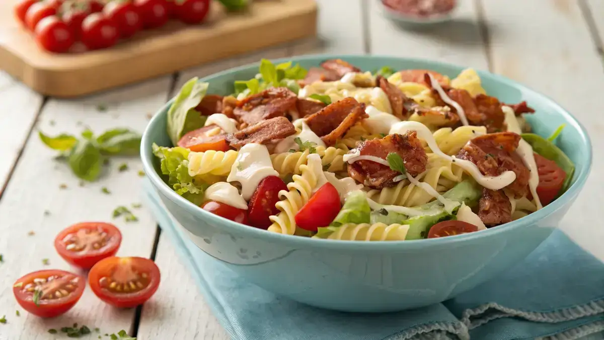 A bowl of BLT pasta salad with bacon, tomatoes, and lettuce garnished with chives.