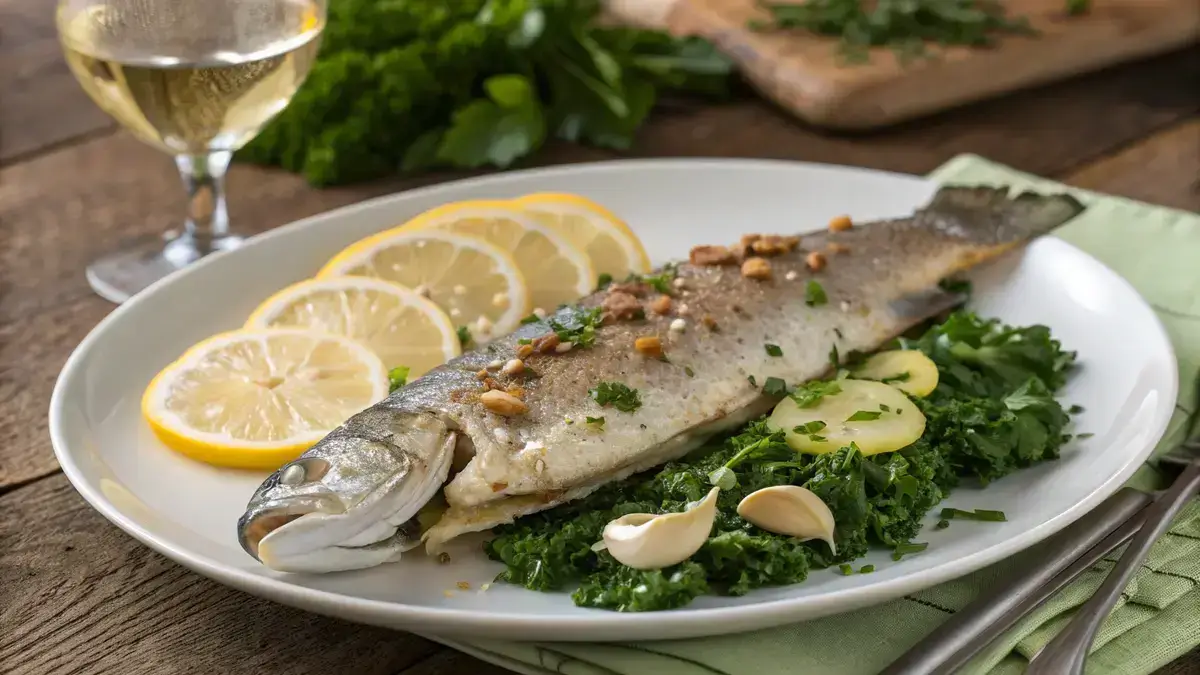 Baked trout fillet garnished with lemon and parsley on a wooden table.