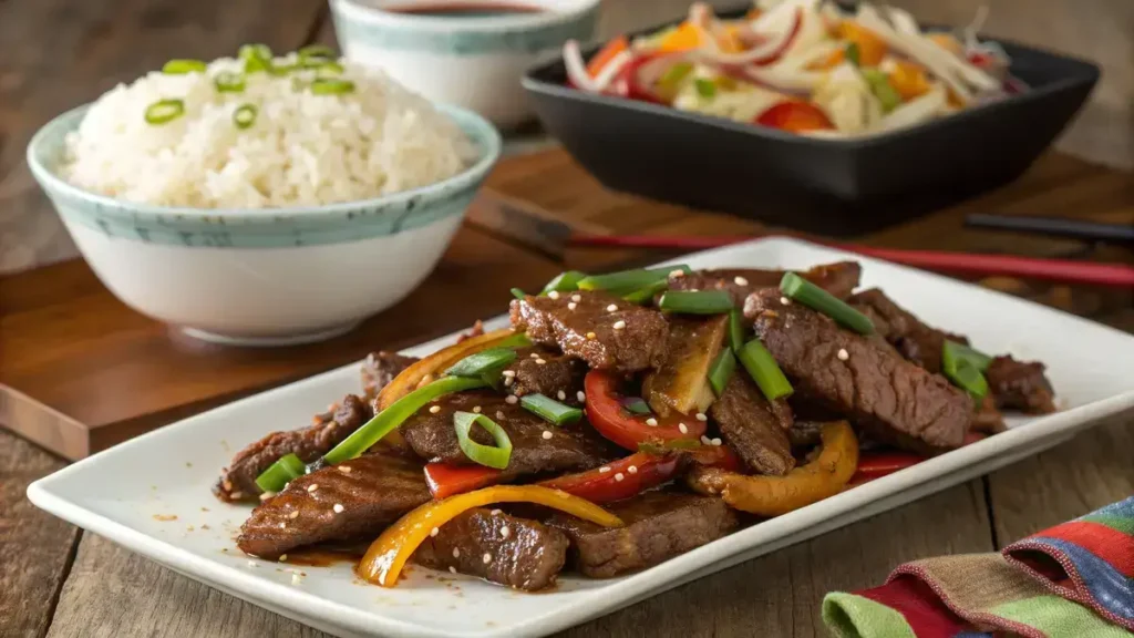 Plate of marinated beef strips garnished with green onions and served with rice.