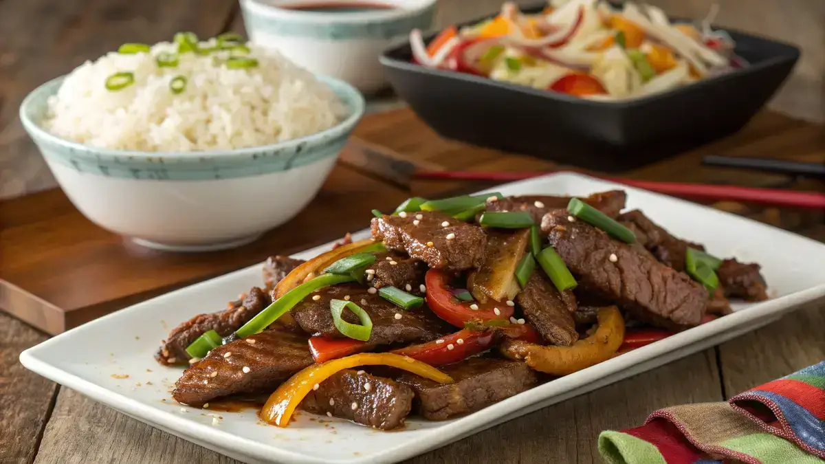 Plate of marinated beef strips garnished with green onions and served with rice.