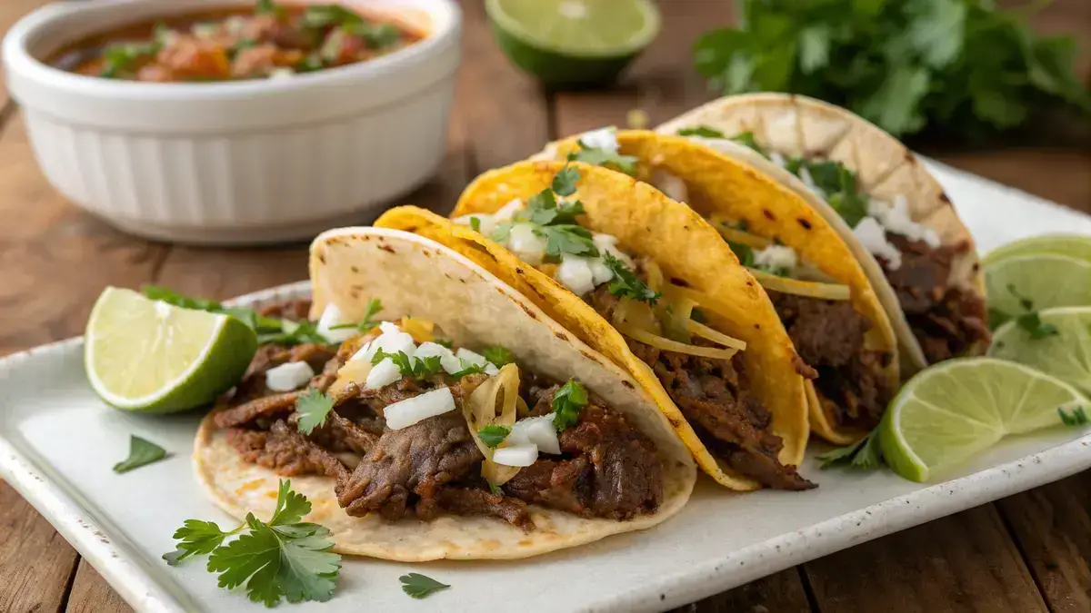 Plate of birria tacos with shredded beef, cheese, and fresh toppings.