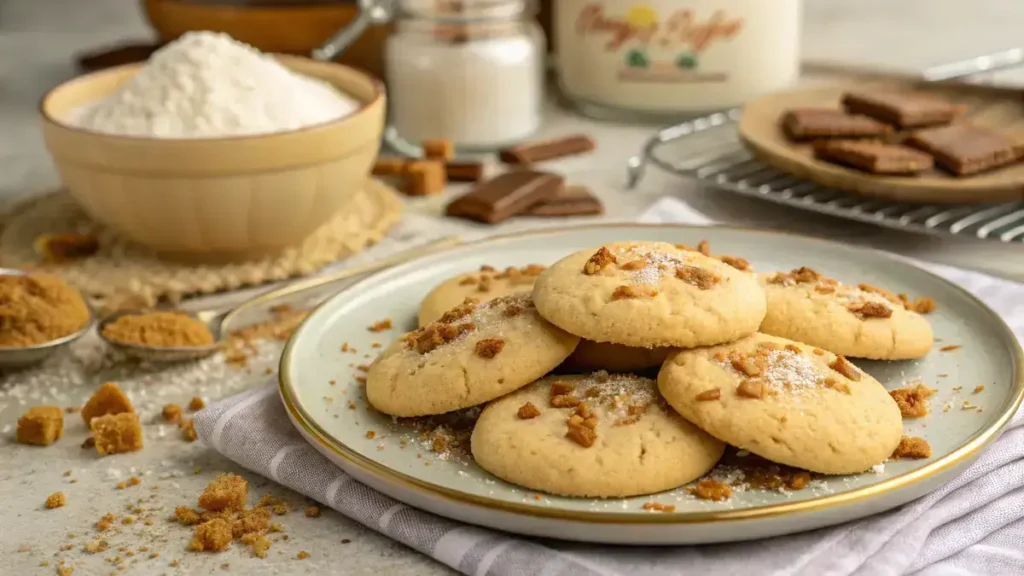 Plate of golden Biscoff butter cookies with crushed Biscoff pieces on top, set in a warm kitchen environment.