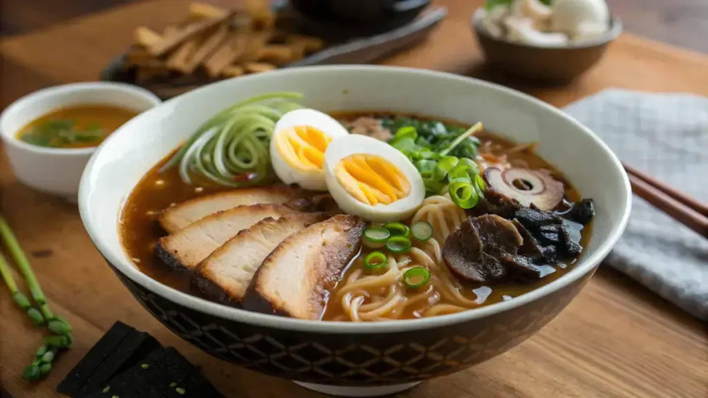 A bowl of black garlic ramen with noodles, tofu, egg, and green onions.