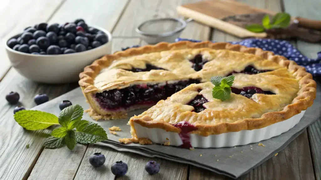 A freshly baked blueberry pie with a golden crust and juicy filling, garnished with blueberries and mint.