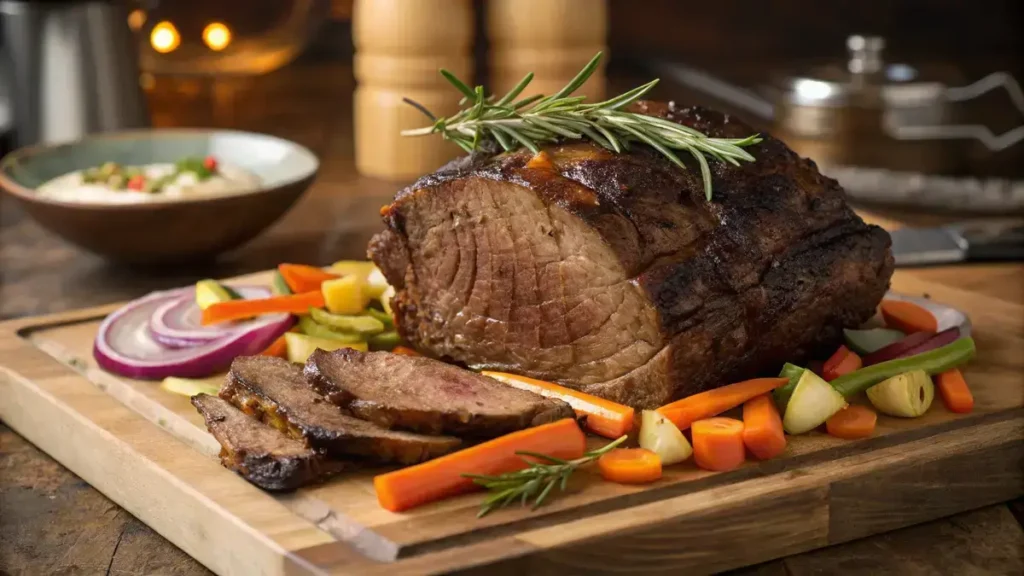 A succulent bone in chuck roast surrounded by colorful vegetables on a wooden cutting board.